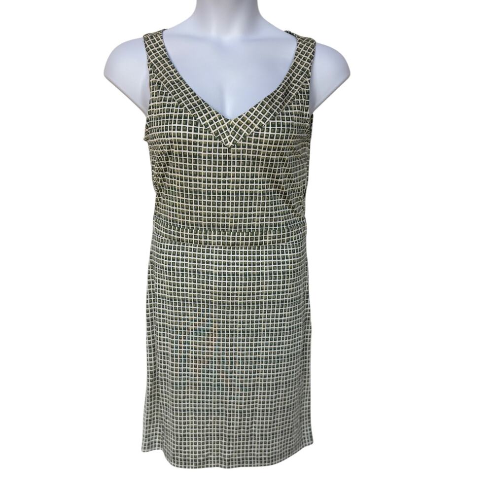Tory Burch Green and Cream Geometric Print Silk Sheath Dress size L